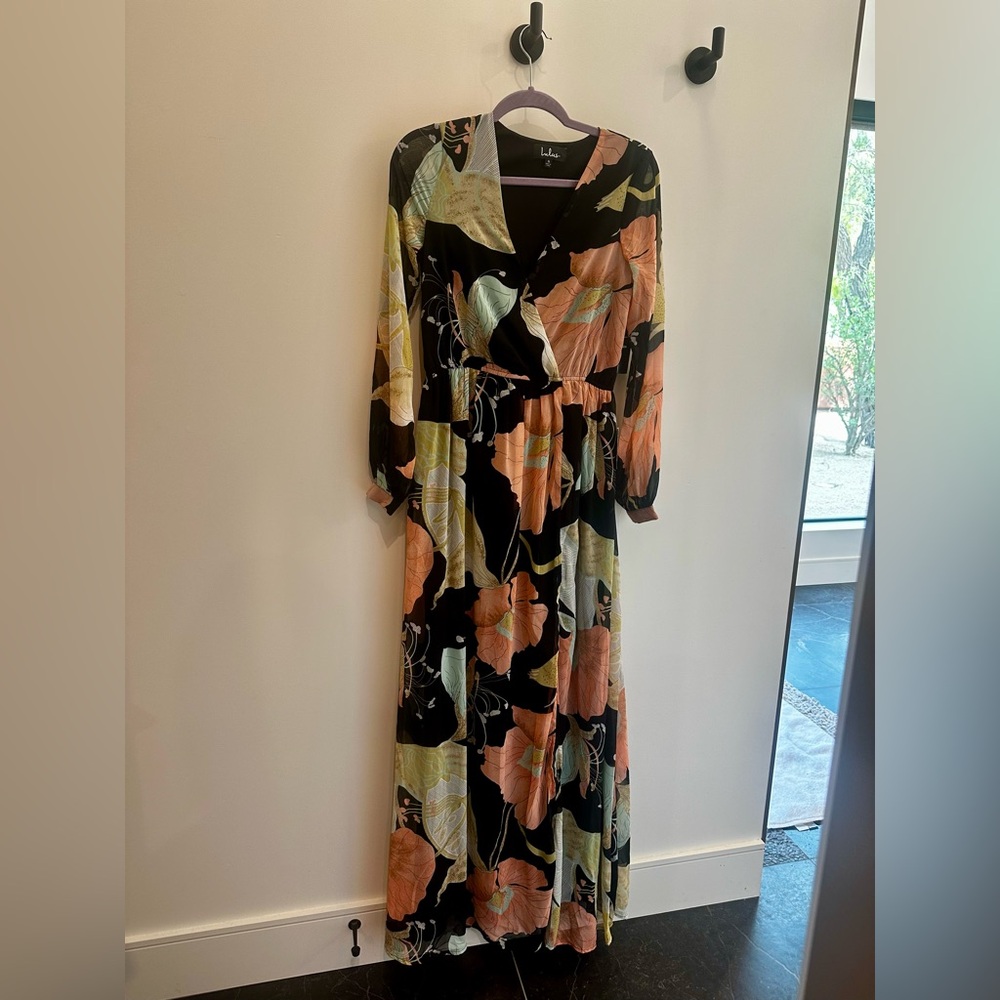 Lulu's Black Lined Slit Floral Maxi Long Dress S
